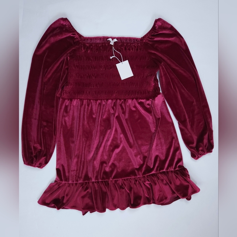 Lauren Conrad Long Sleeved Smocked Velvet Berry Pink Mini Dress Women's XL